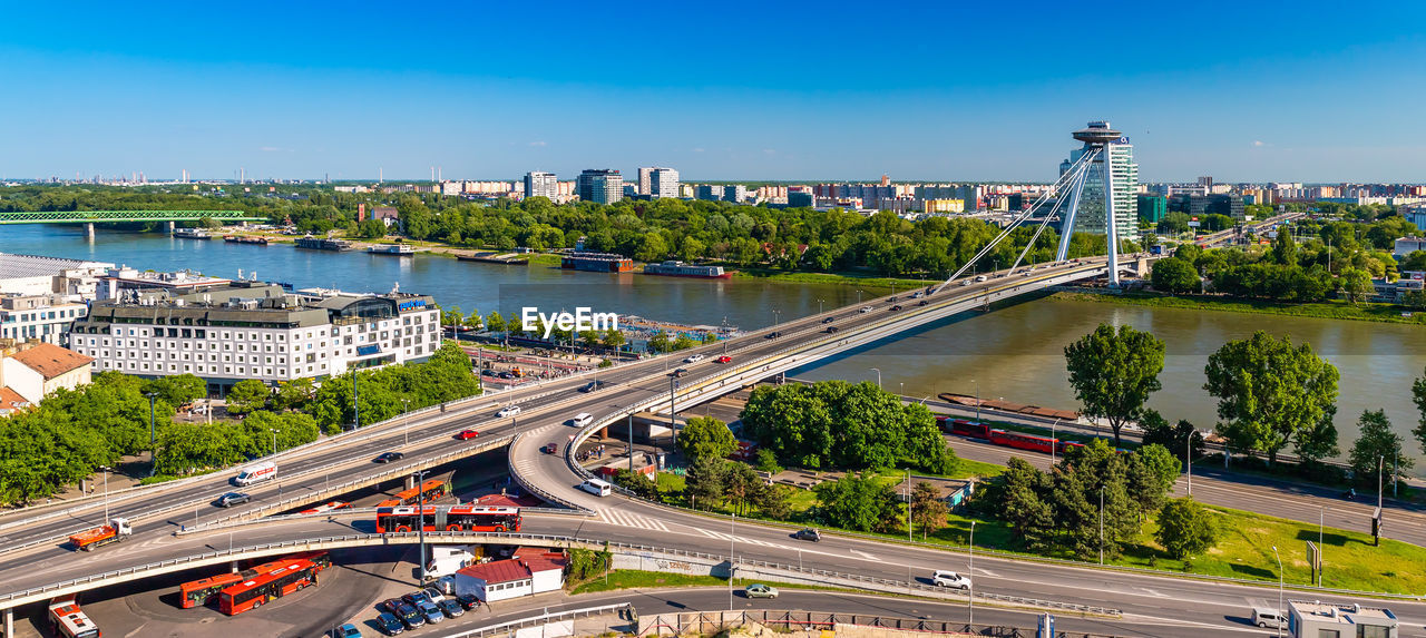 high angle view of bridge over river in city