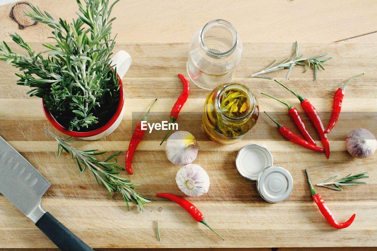 High angle view of various vegetables on table