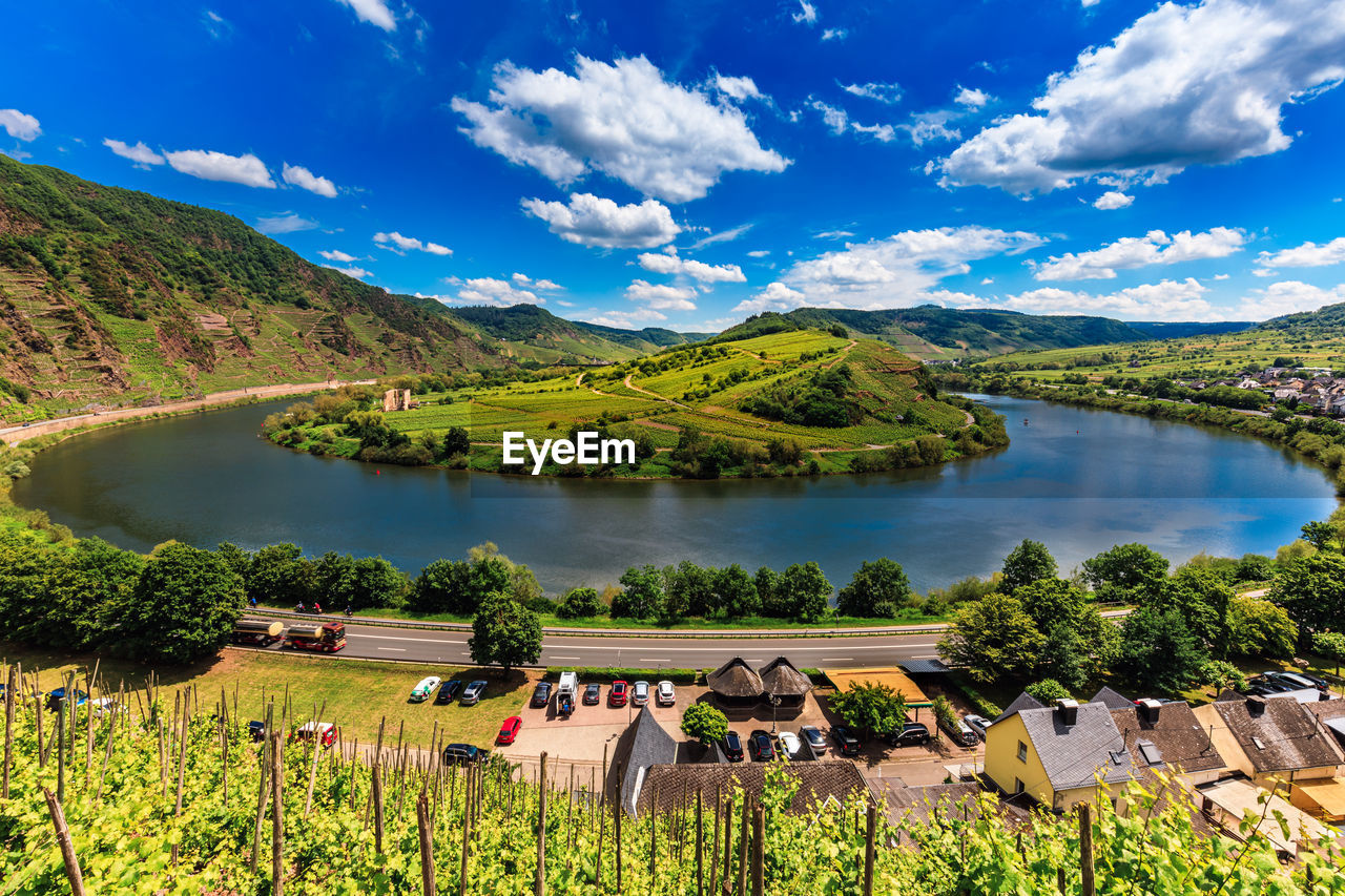 High angle view of landscape against sky
with river moselle