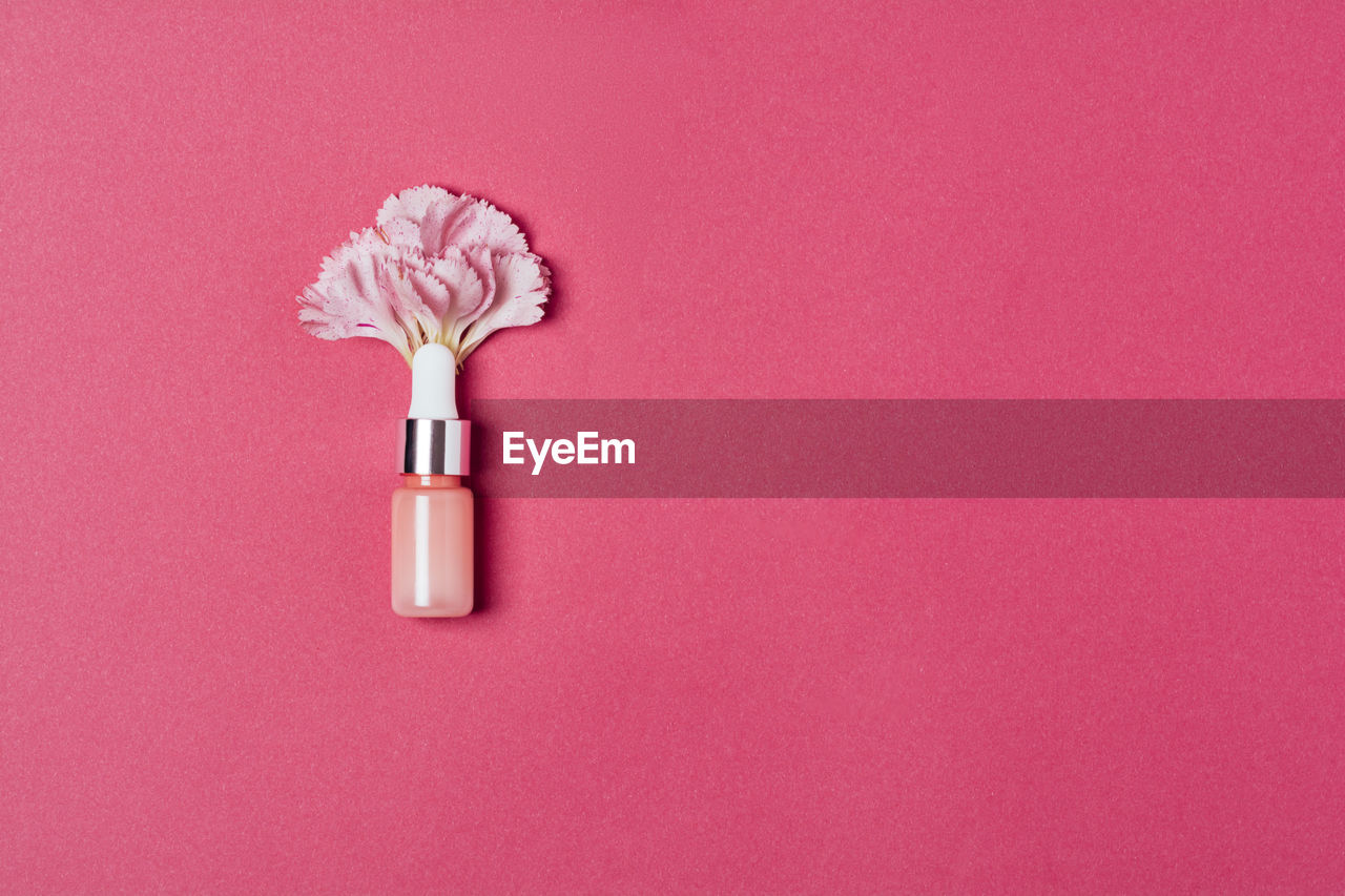 Serum in a pink bottle with carnation petals on a pink background. minimalism. 