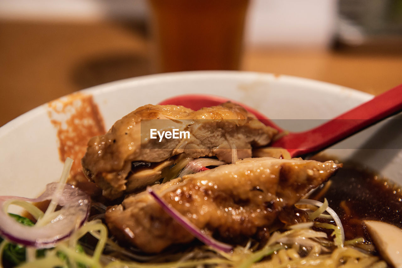 Close-up of chicken ramen served in plate