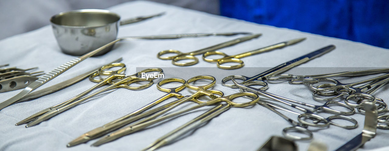 Close-up of medical equipment on table