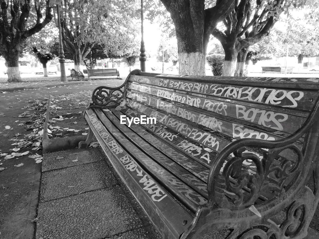 Text on empty bench at park