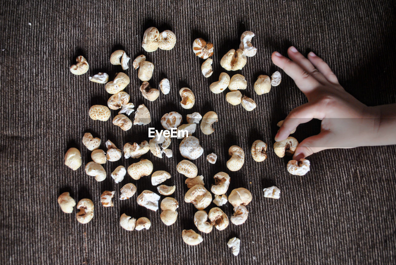 DIRECTLY ABOVE SHOT OF PERSON PREPARING BREAD ON TABLE