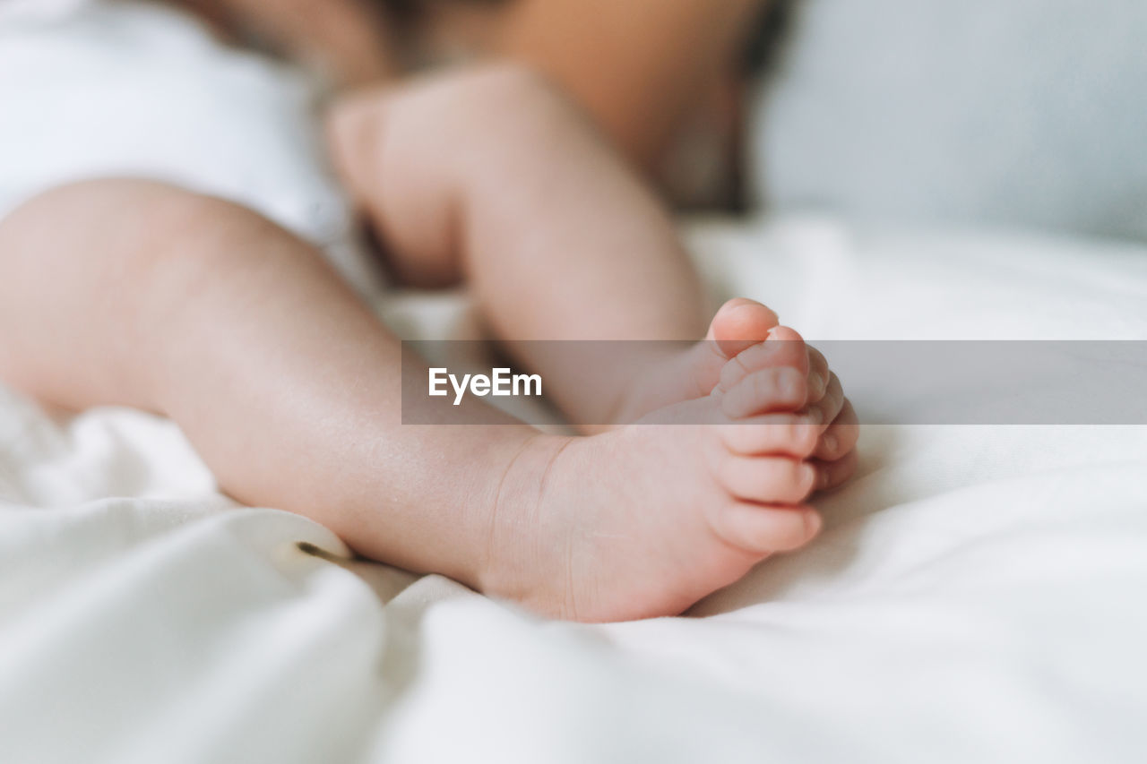 Low section of baby lying on bed