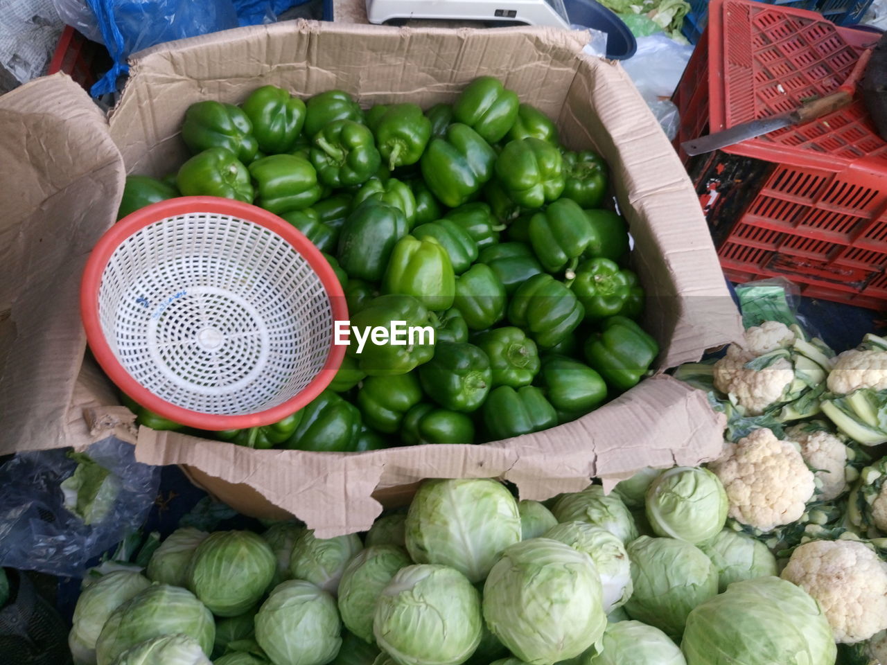 High angle view of vegetables for sale at market