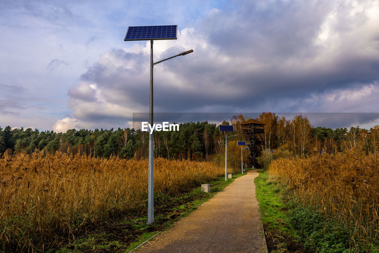 sky, cloud, plant, rural area, environment, nature, landscape, morning, road, land, tree, grass, rural scene, hill, field, street light, no people, street, environmental conservation, horizon, beauty in nature, outdoors, sunlight, scenics - nature, prairie, footpath, tranquility, growth, agriculture, the way forward, autumn, cloudscape, day, transportation