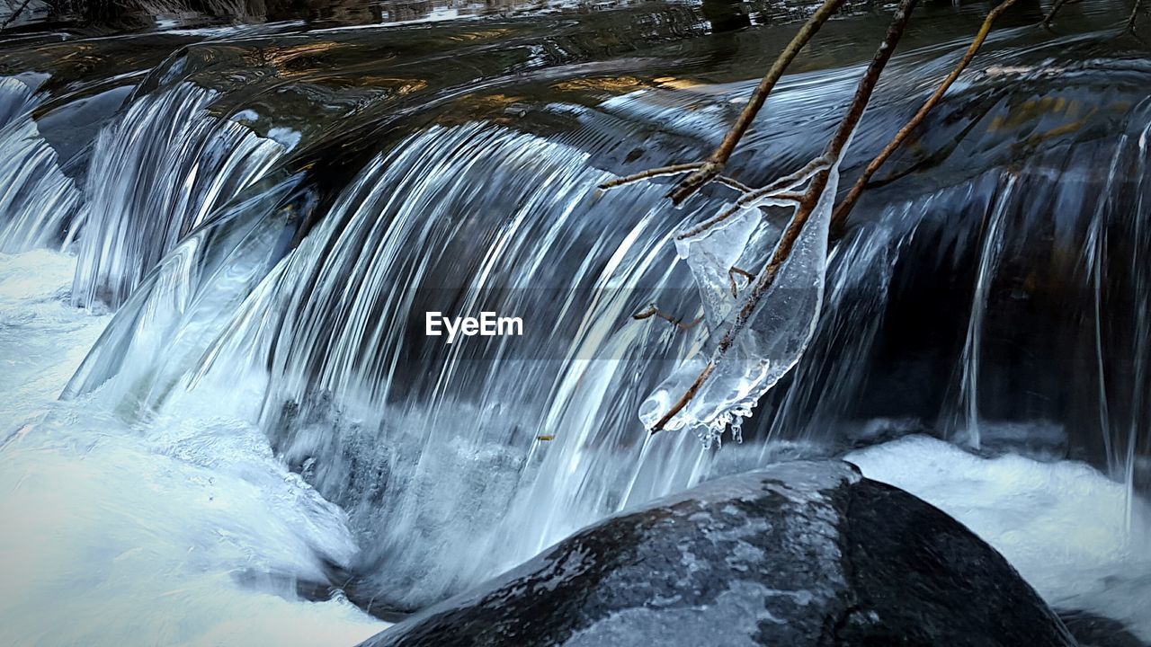 High angle view of water flowing over rocks