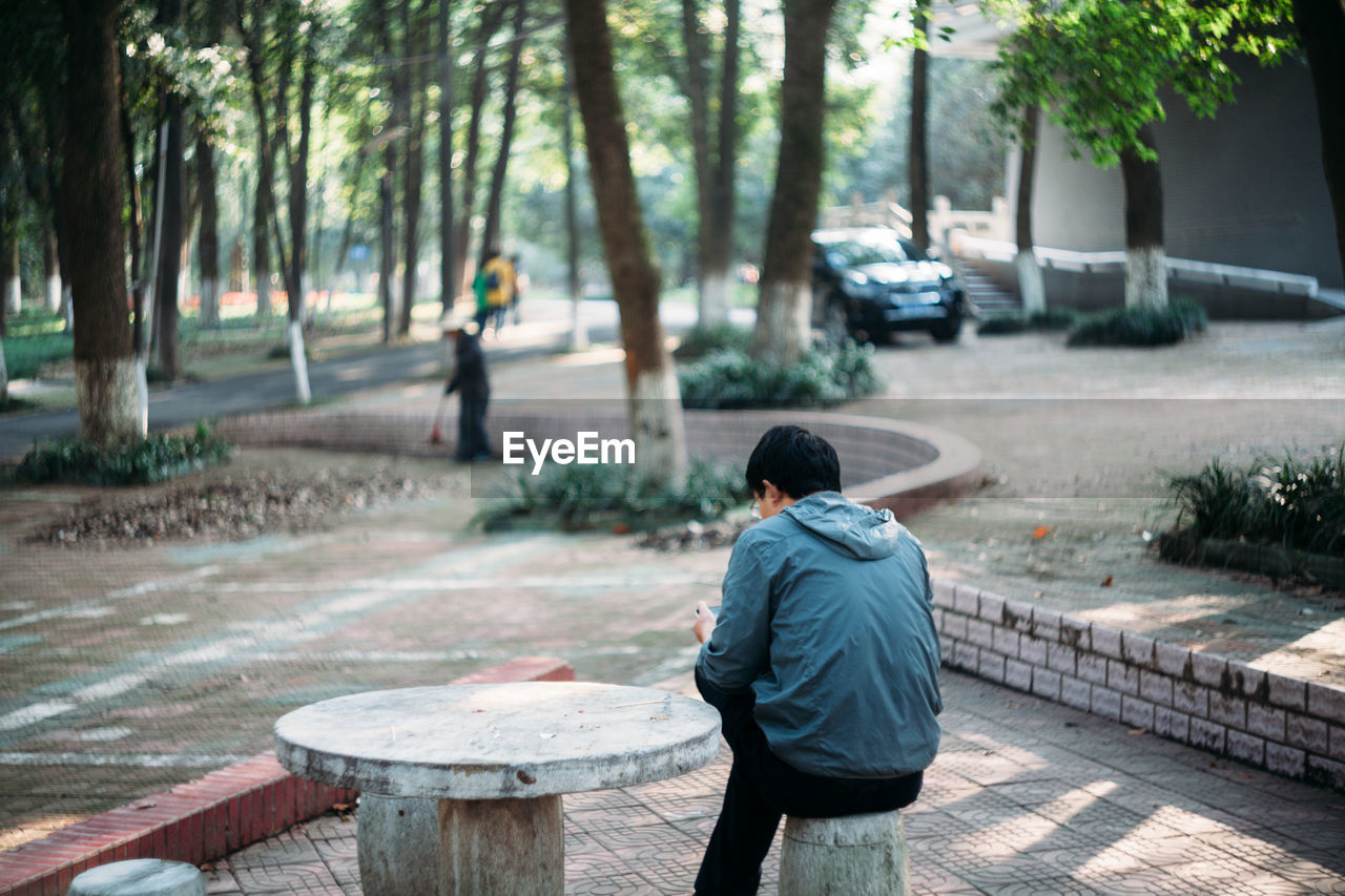 Rear view of man sitting on seat in park