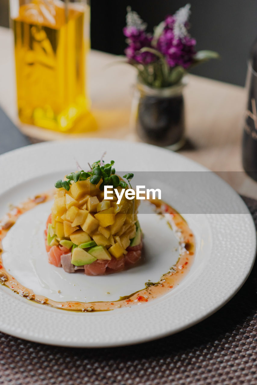 high angle view of food in plate on table