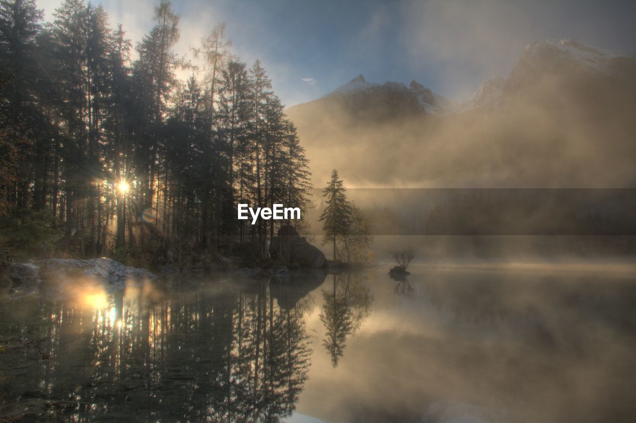 Reflection of trees in lake against sky