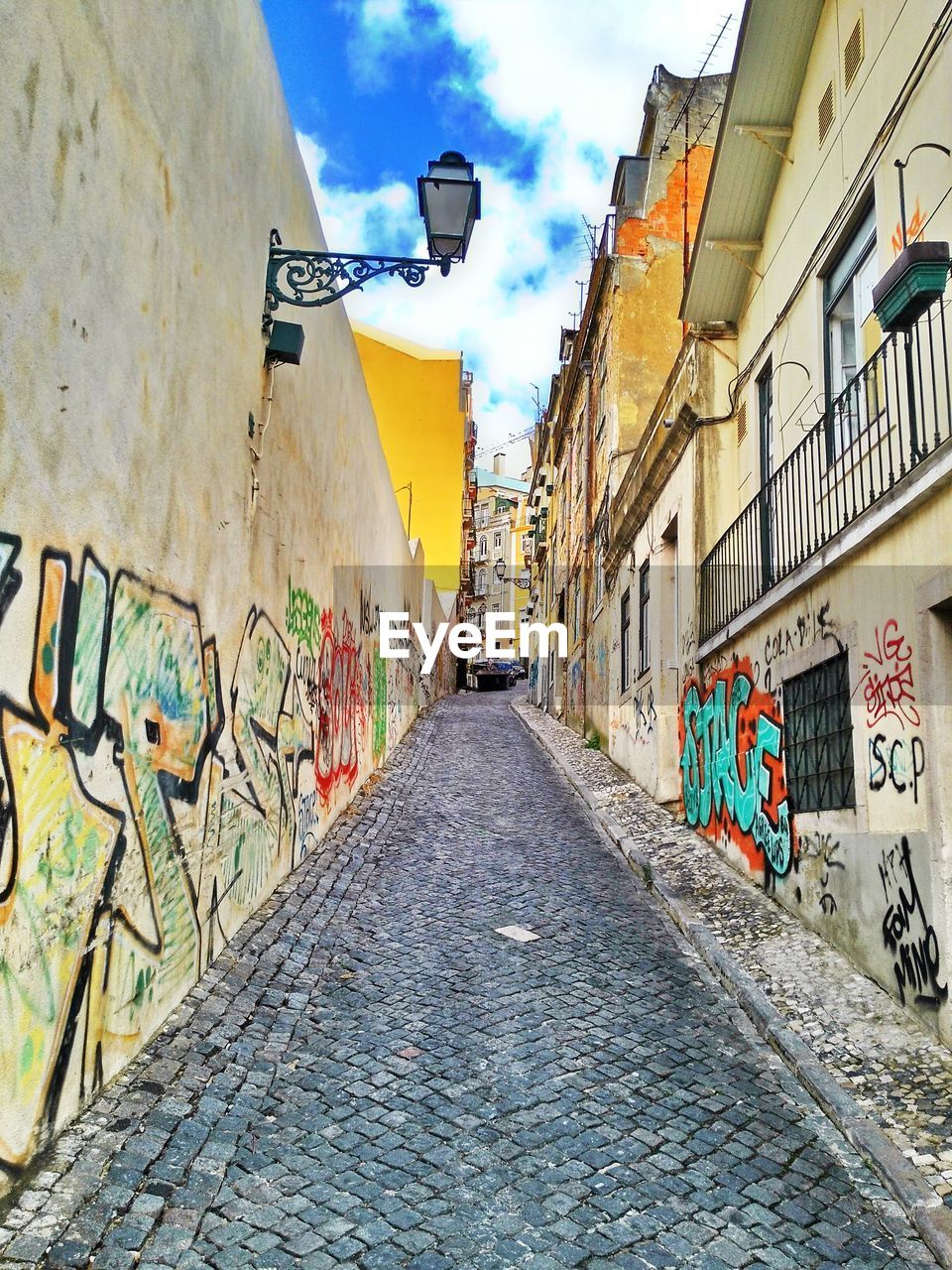 Walkway amidst houses in city