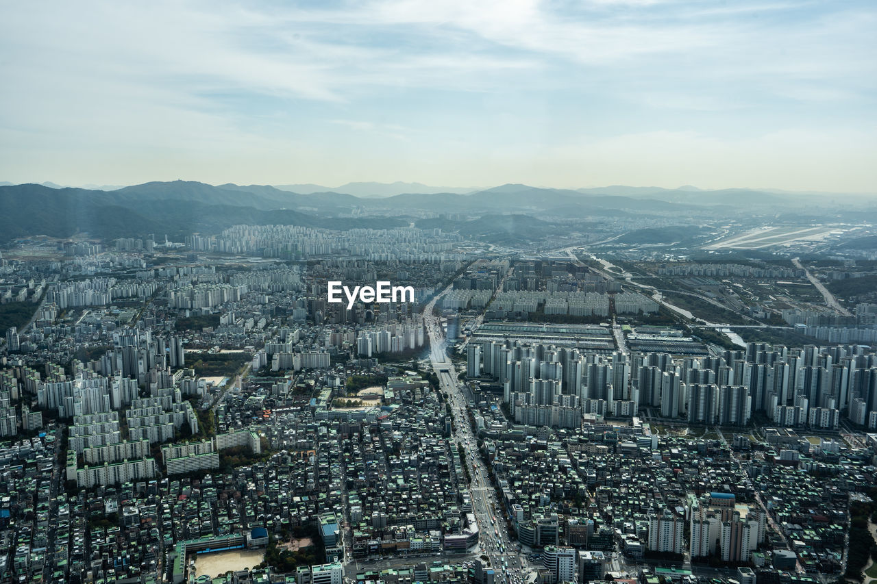 High angle view of cityscape against sky