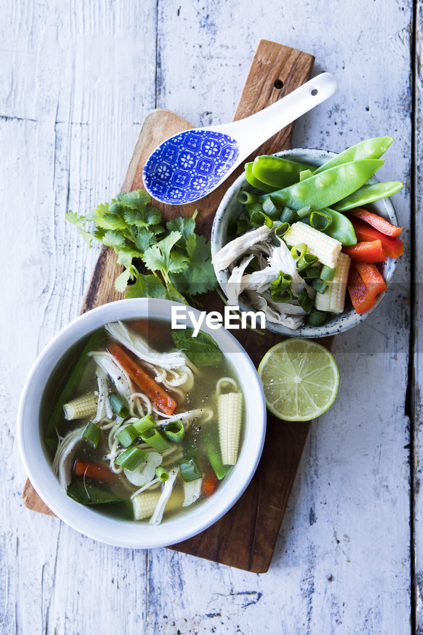 High angle view of vegetables in bowl on table