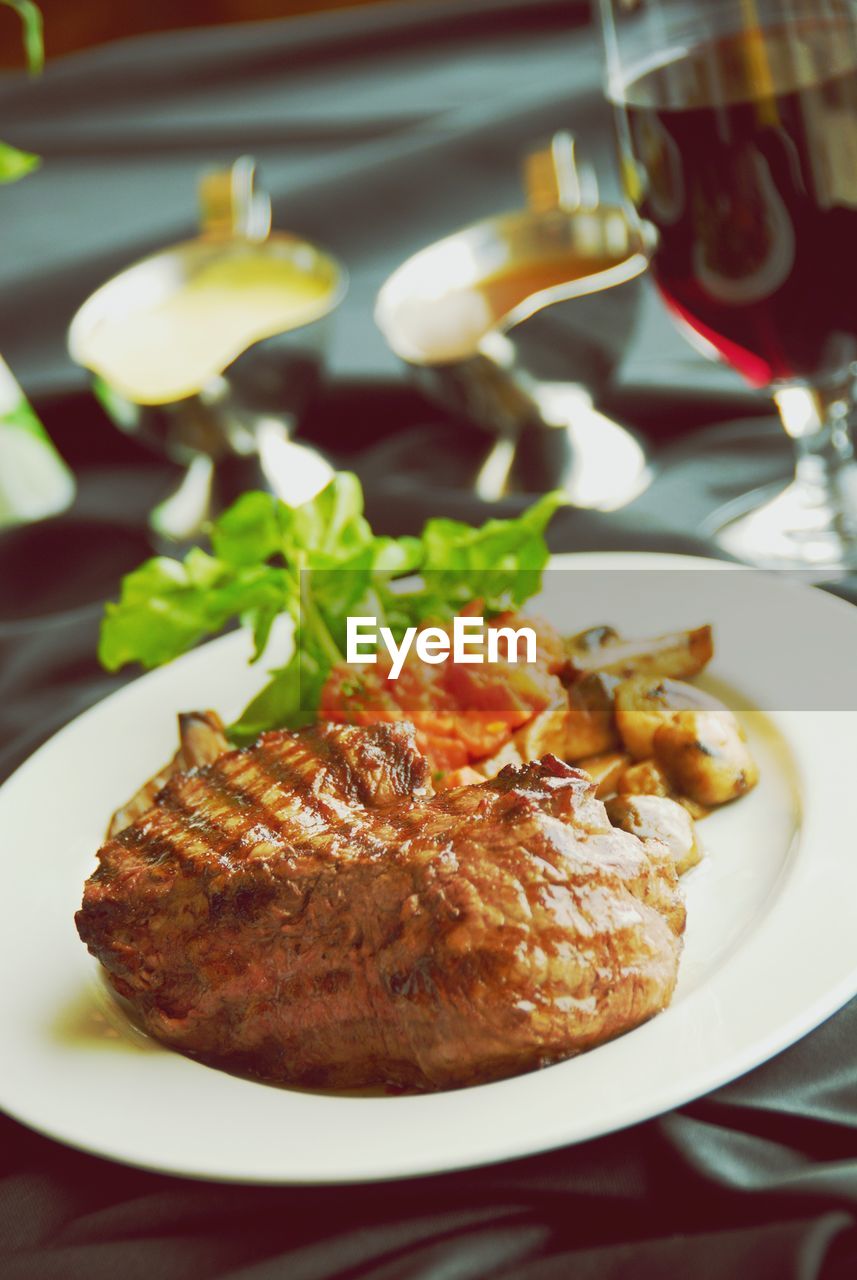 Close-up of meal served on table