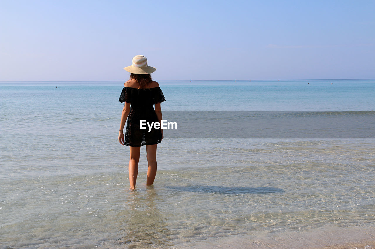 REAR VIEW OF MAN STANDING ON BEACH AGAINST SEA