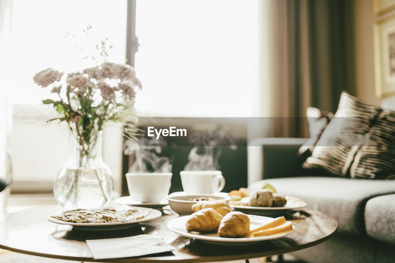 Breakfast served on table in hotel room