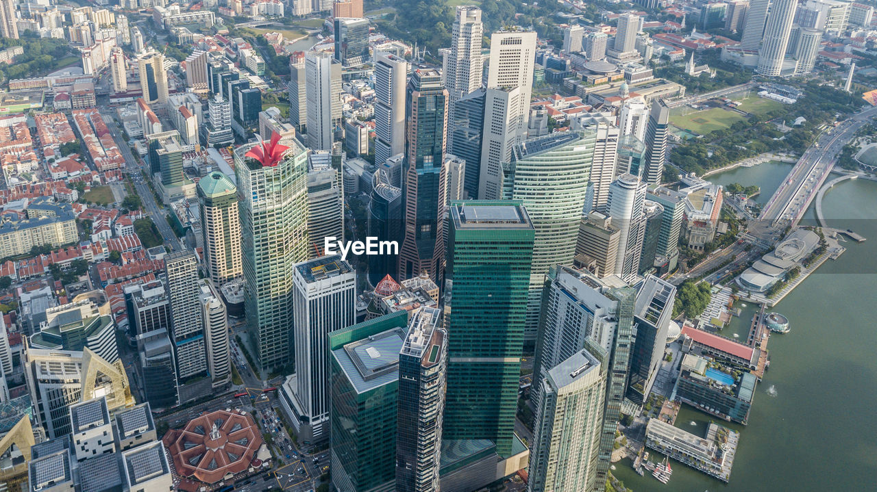 High angle view of modern buildings in city