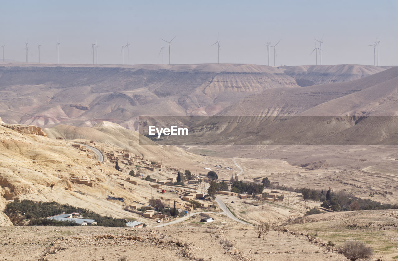Scenic view of the jordan valley with wind turbines