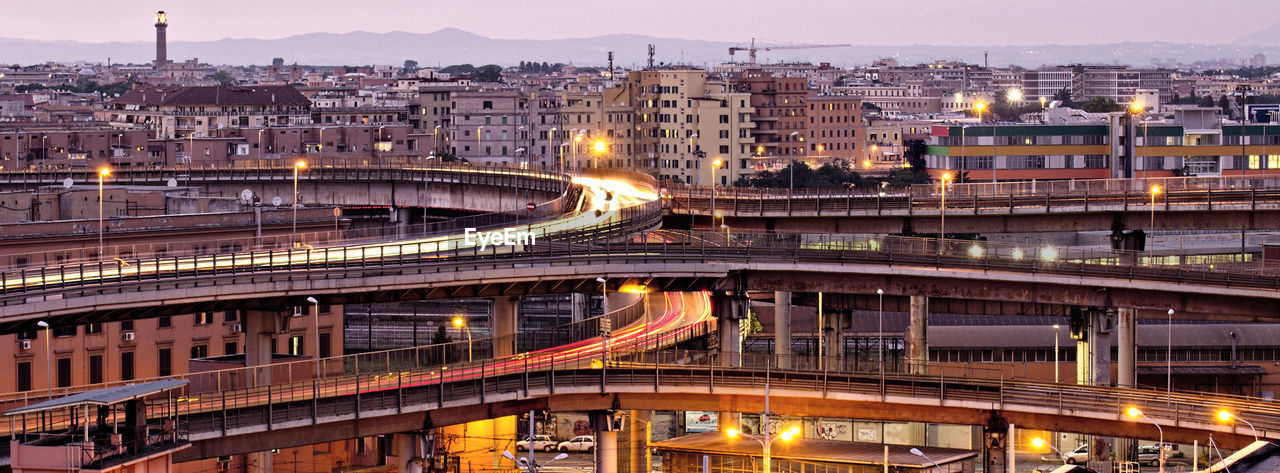 High angle view of illuminated cityscape at night