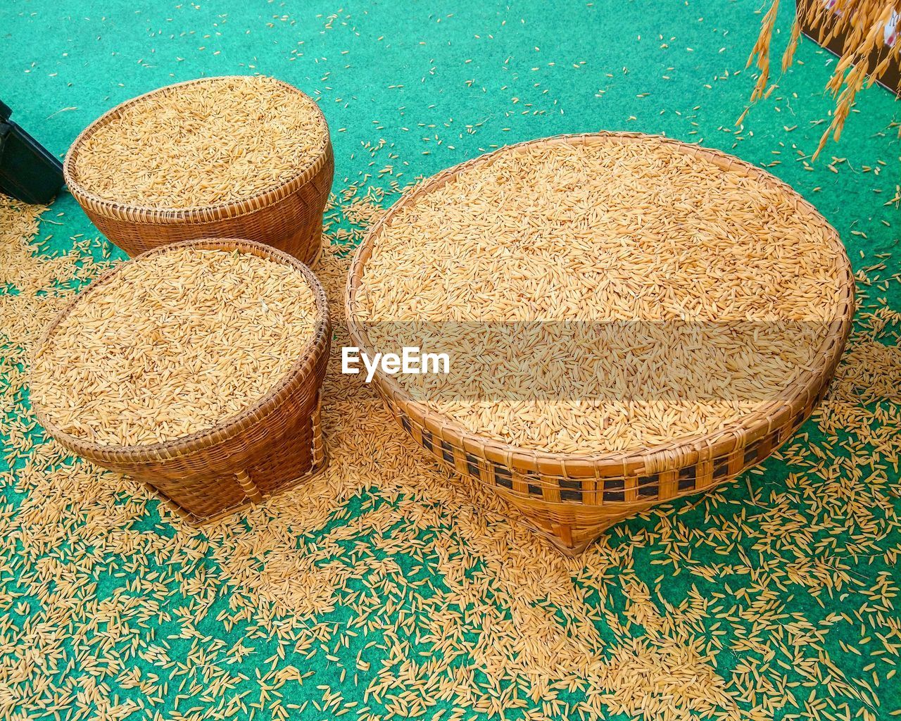 High angle view of rice in basket