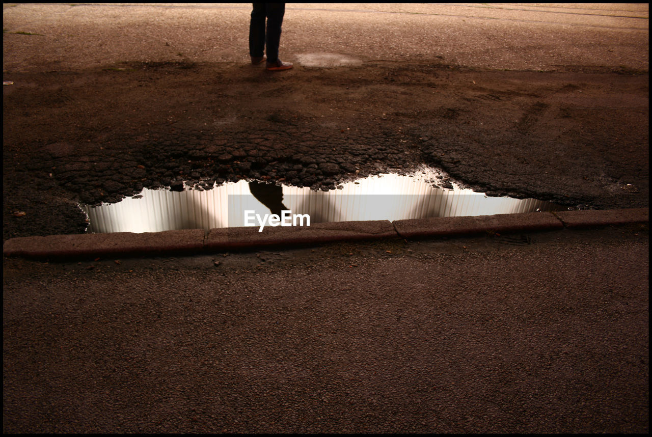 Reflection of man in puddle on street