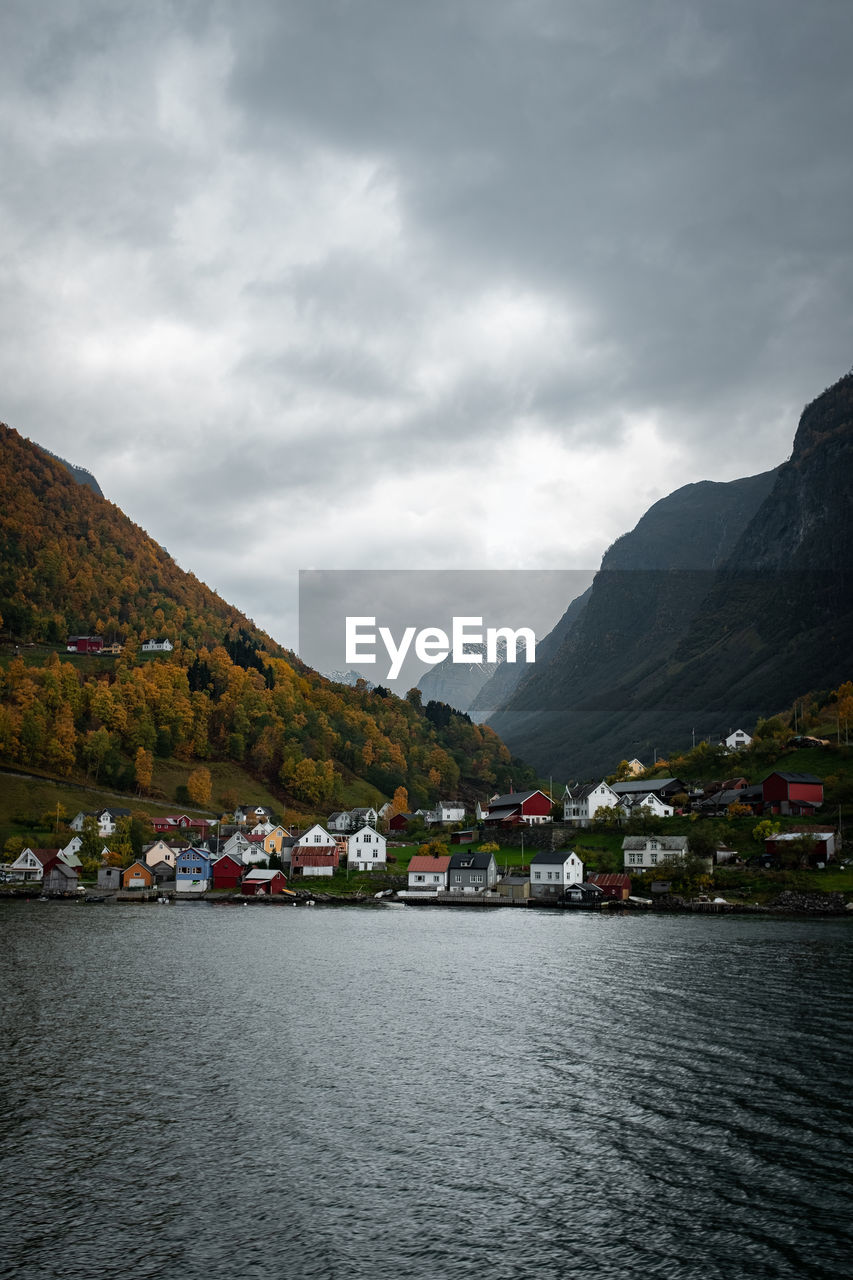 Picturesque coastal village. houses on fjord shore. flåm, norway.