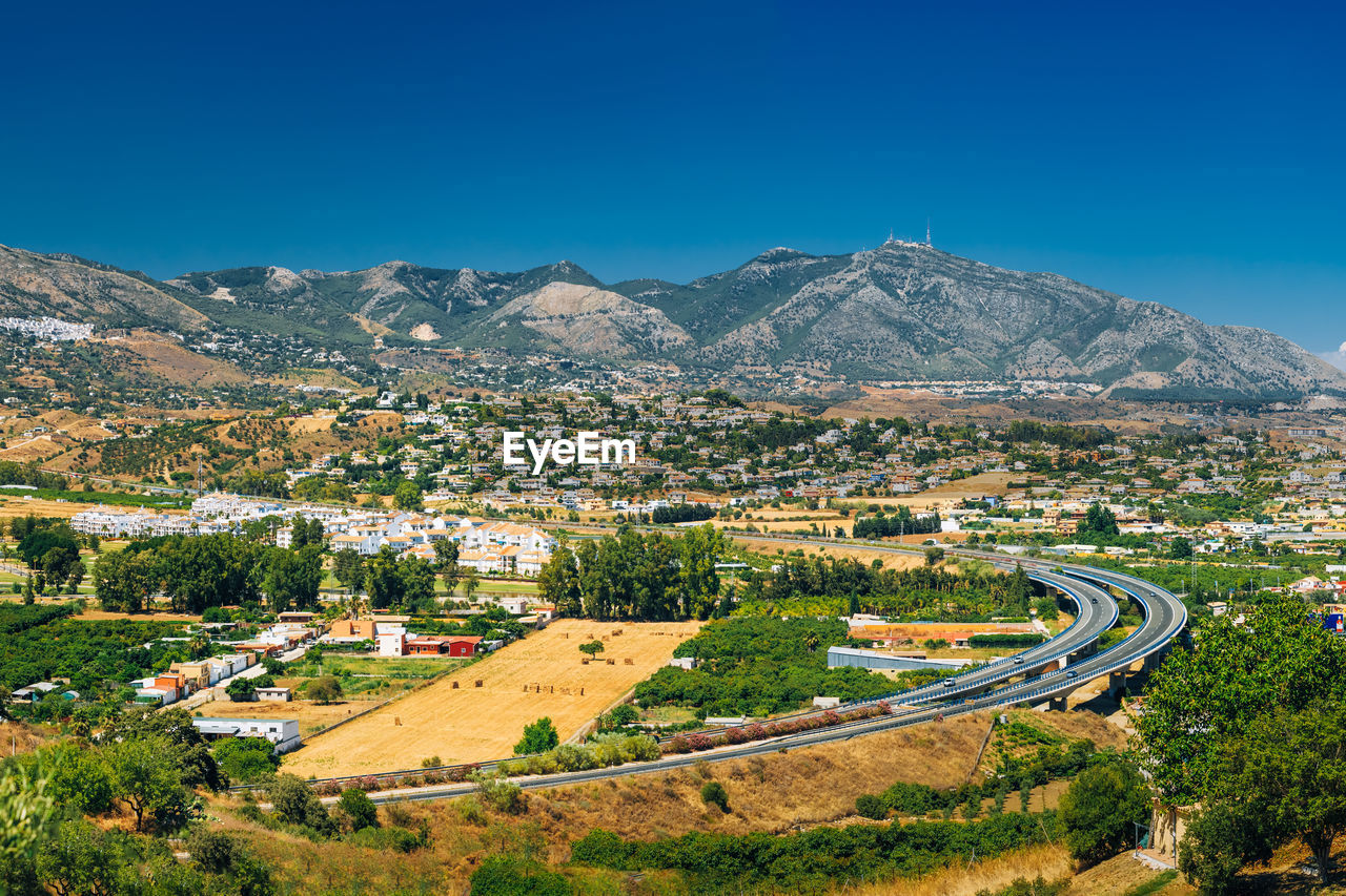 high angle view of landscape against clear blue sky