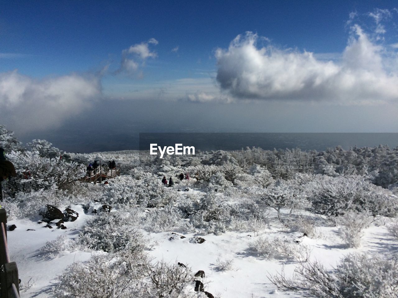 Scenic view of snow covered land against sky