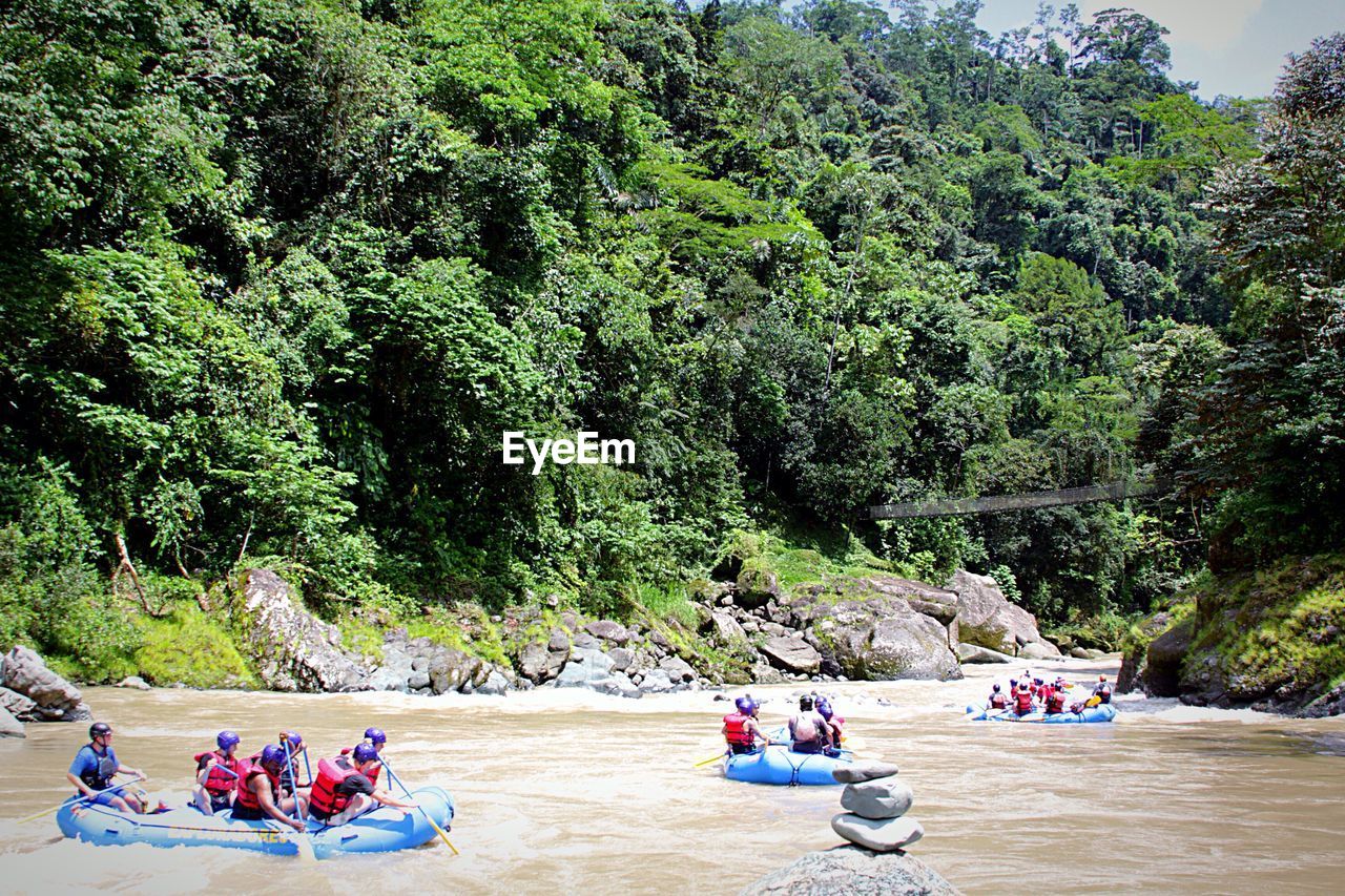 People rafting on river by trees