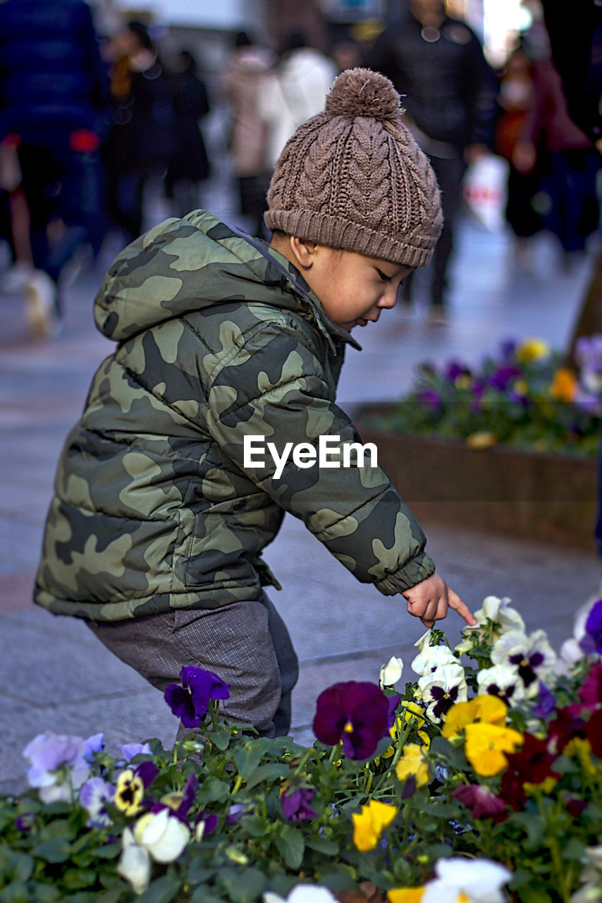 Boy touching flowers in park