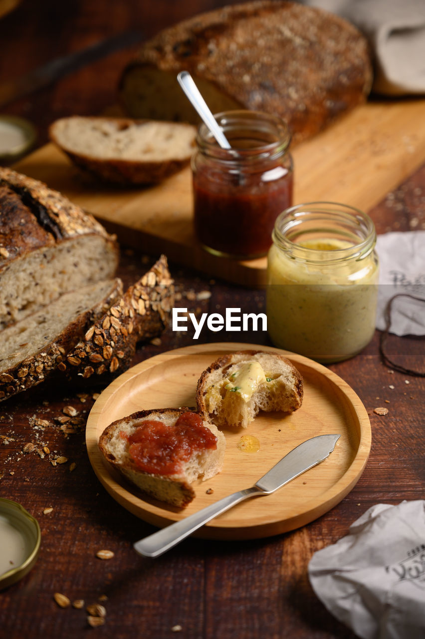 Close-up of breakfast served on table