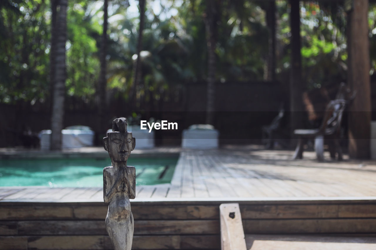 Close-up of wooden statue against swimming pool