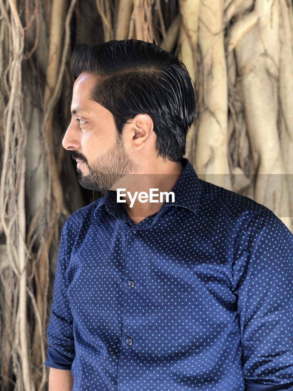 Man looking away while standing by tree trunk in forest