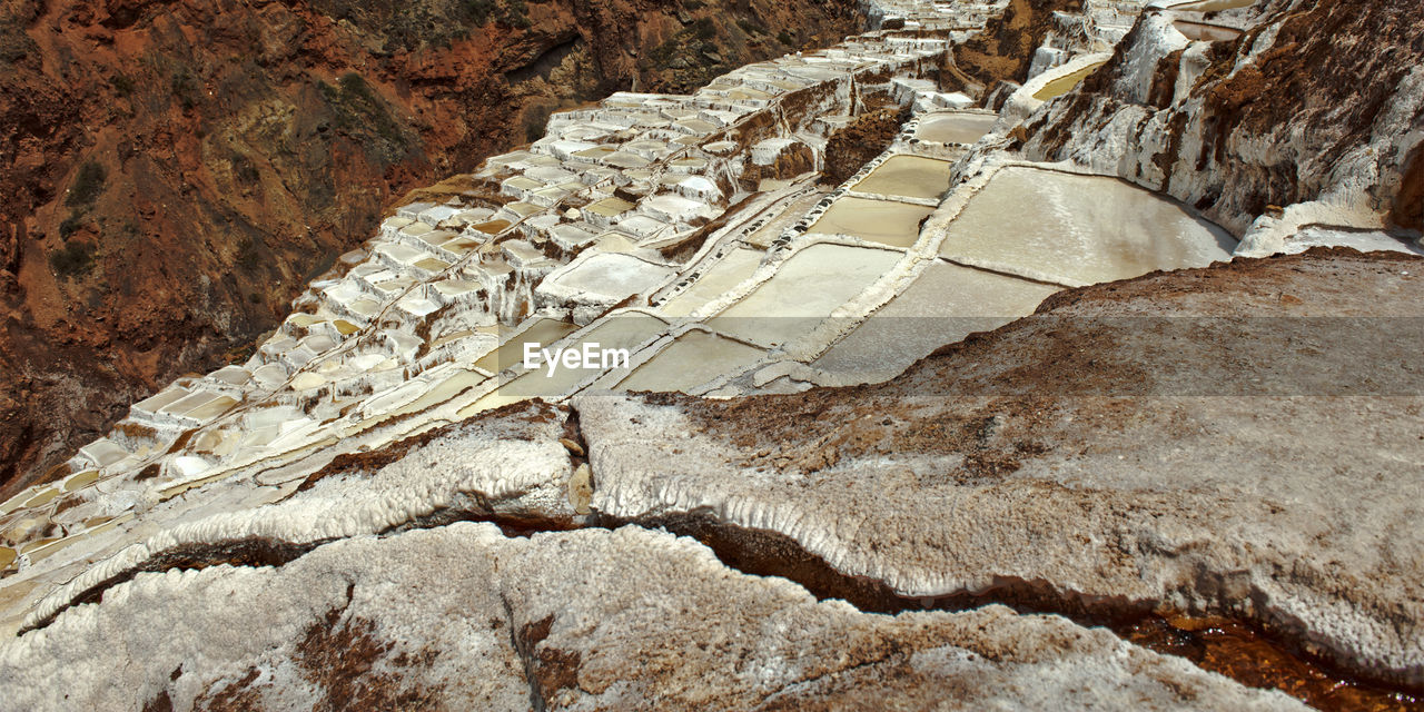 Panoramic view of salt pans at maras