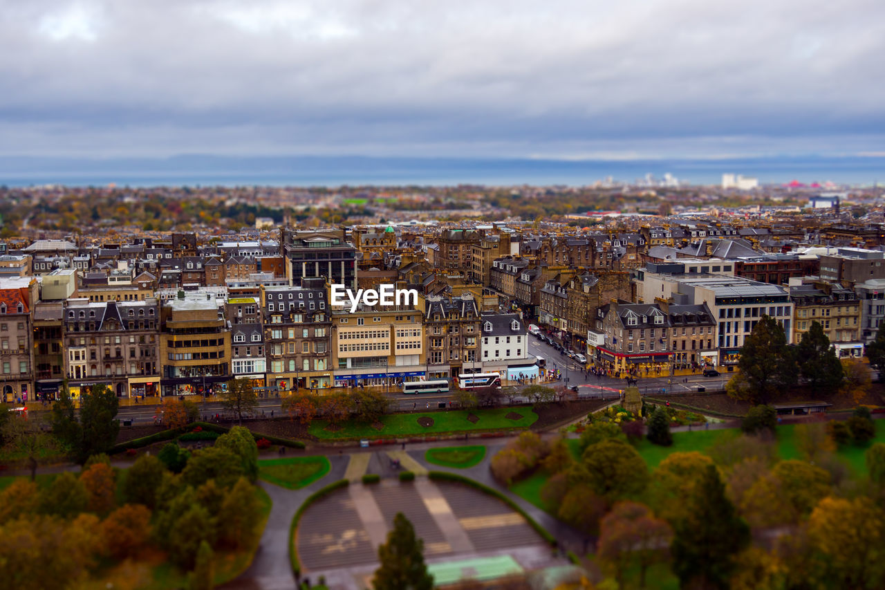 High angle view of buildings in city