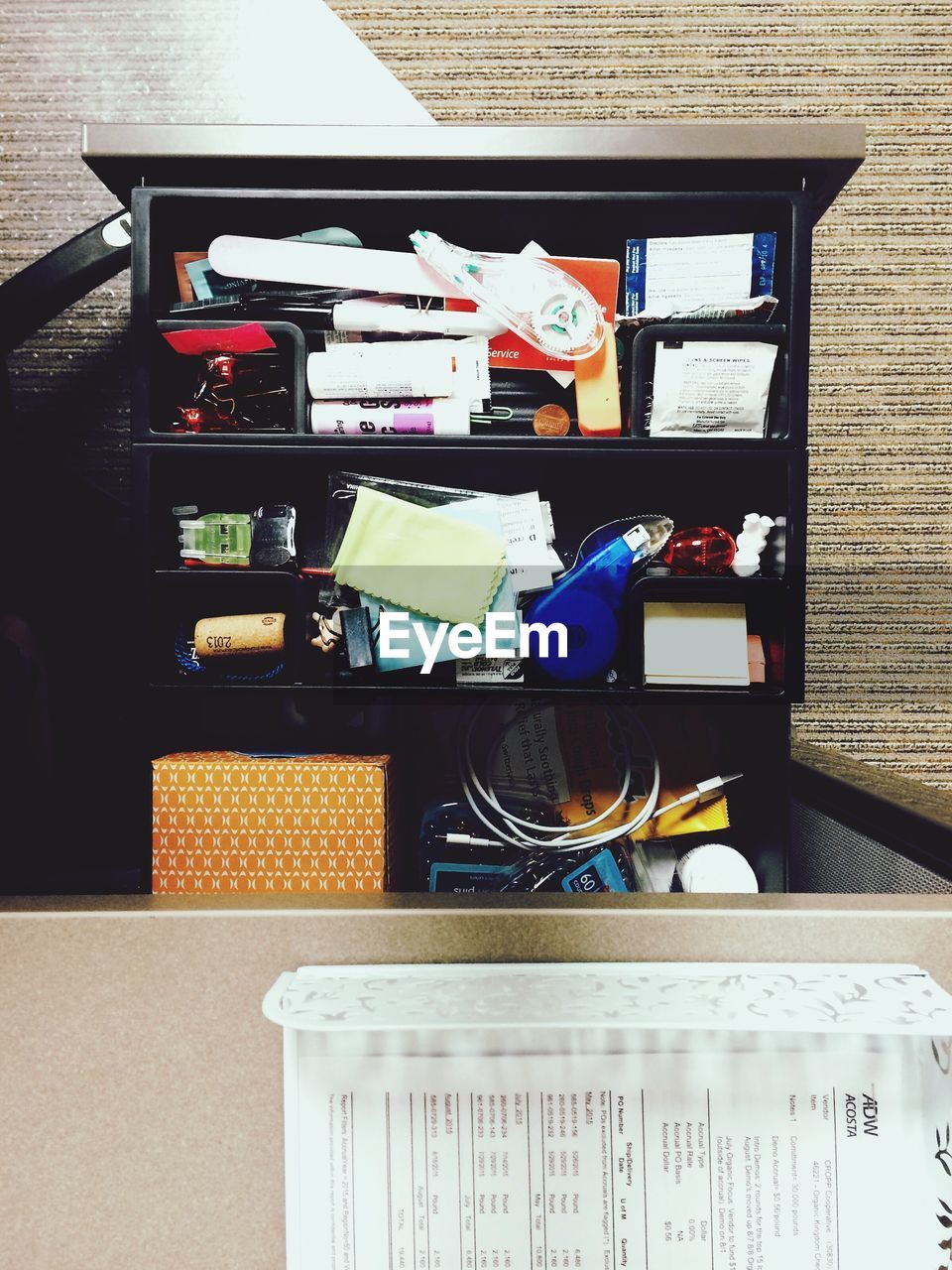 Directly above shot of objects in drawer