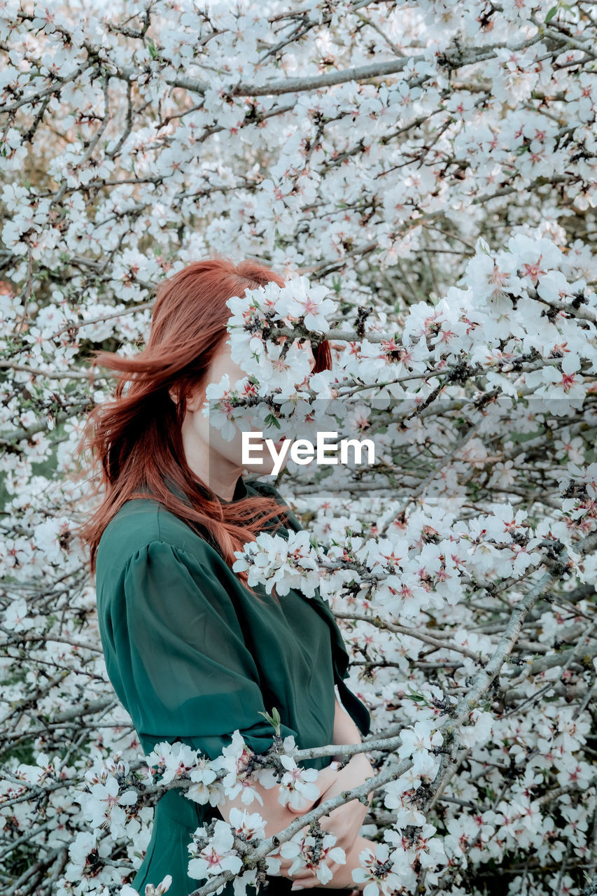 Woman immersed in a blossoming cherry tree