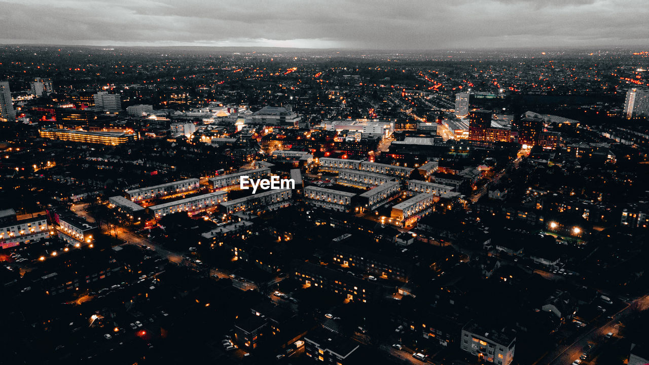 Aerial shot of an illuminated town