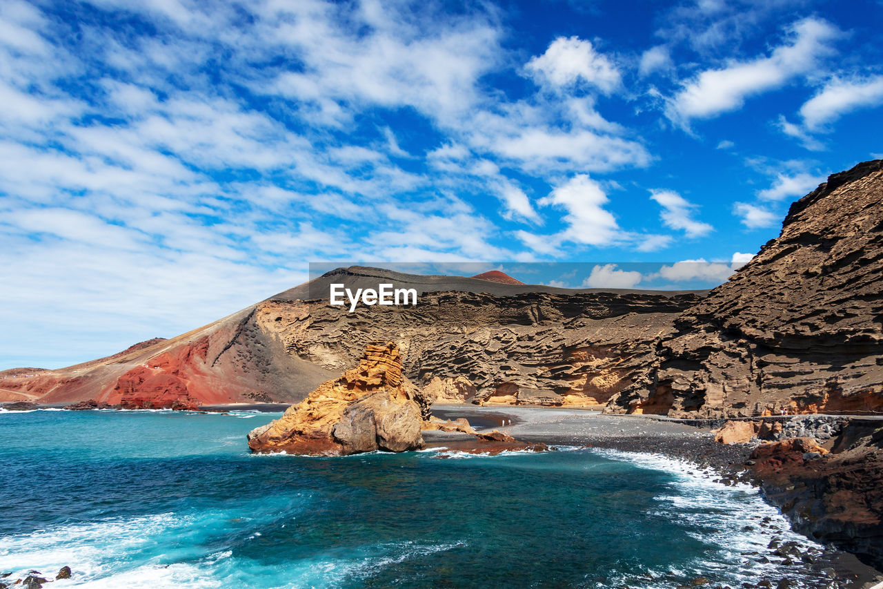 Scenic view of sea and rock formation against sky