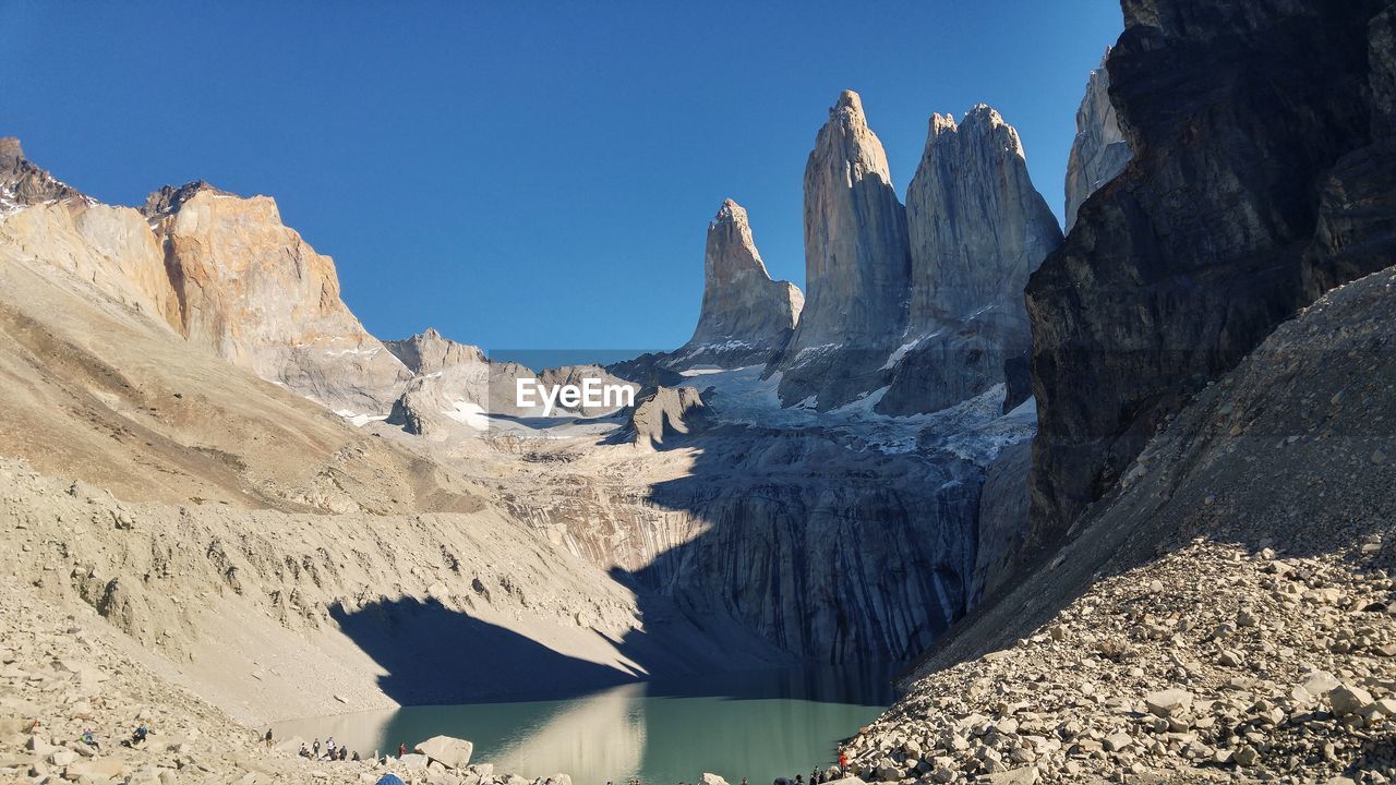 Panoramic view of rocks in mountains against clear sky