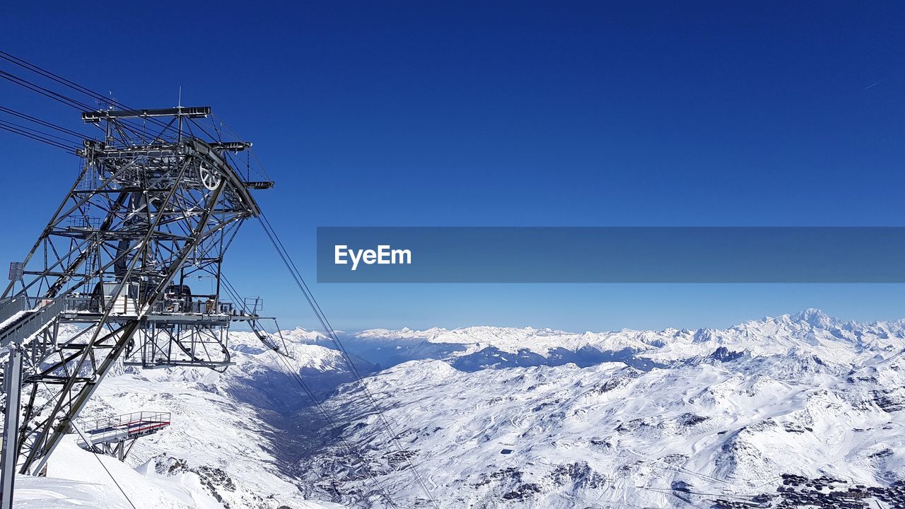 OVERHEAD CABLE CAR AGAINST MOUNTAIN RANGE