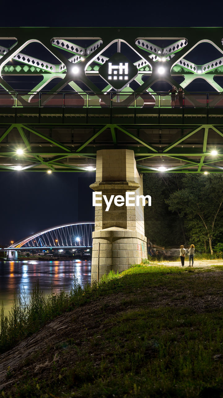 ILLUMINATED BRIDGE OVER RIVER AGAINST SKY AT NIGHT