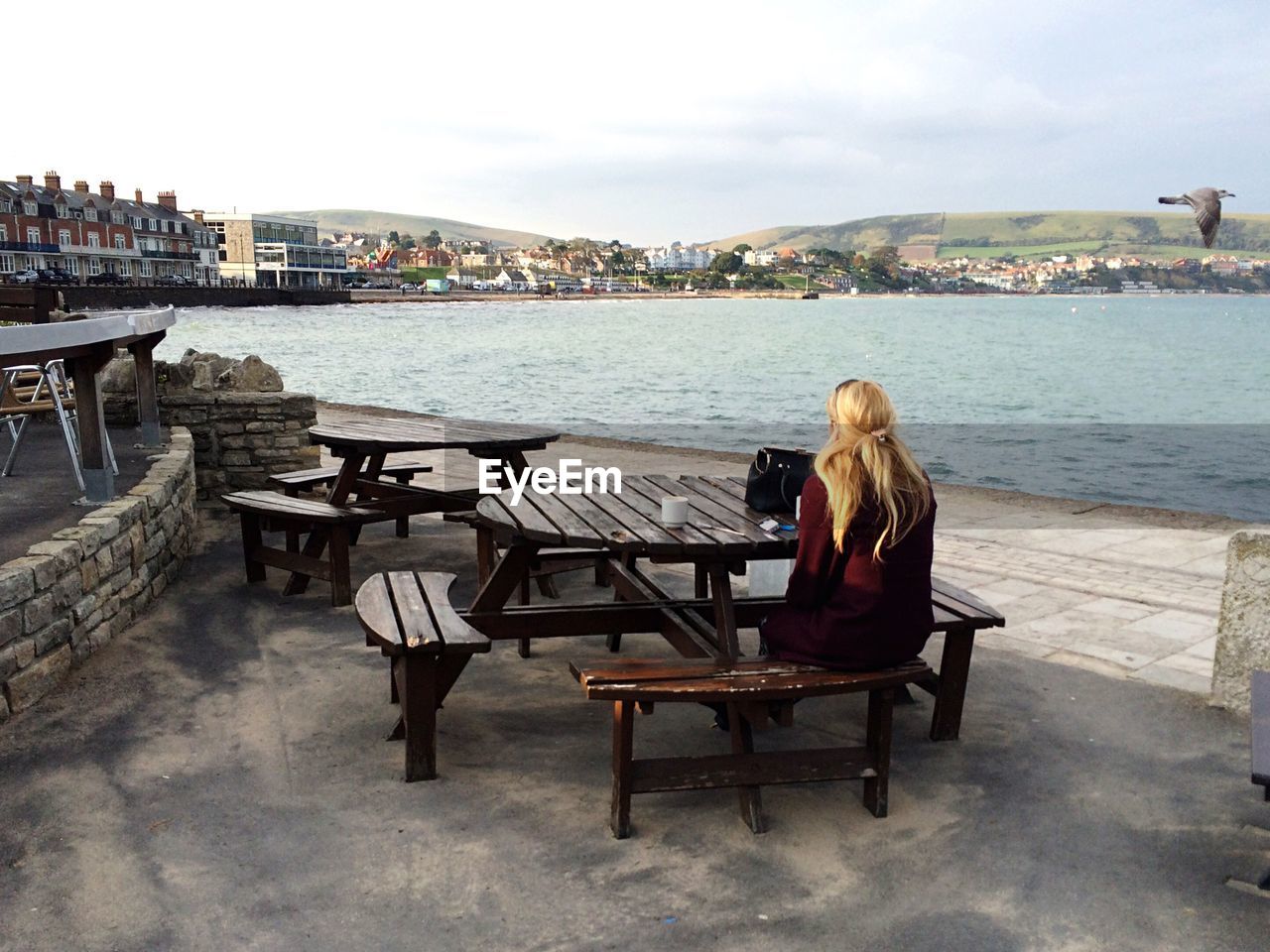 Rear view of woman sitting at restaurant by sea against sky