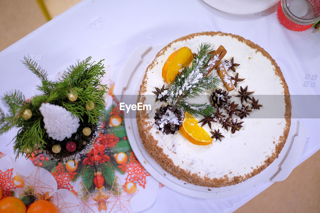 High angle view of cake served on table