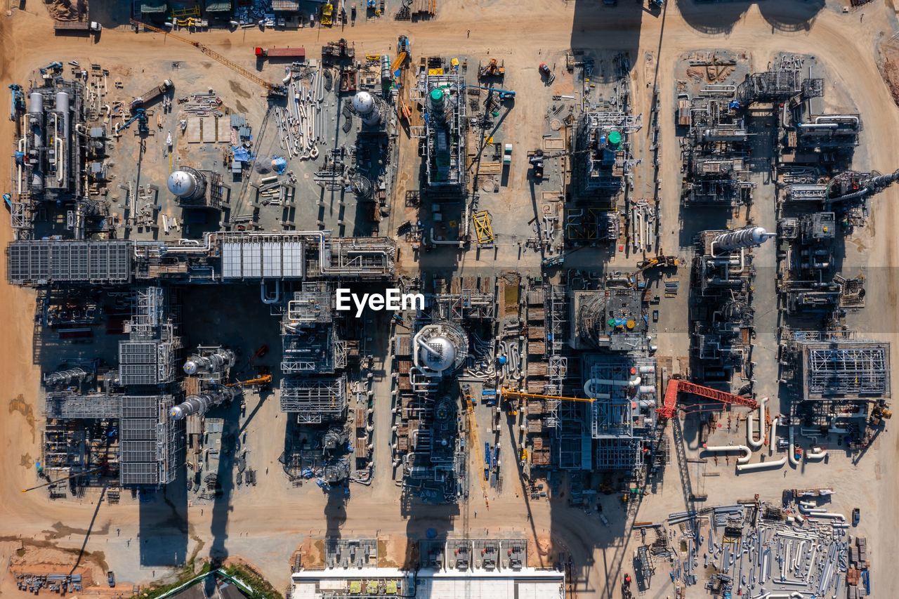 Construction project industry crude oil refinery plant aerial top view from drone