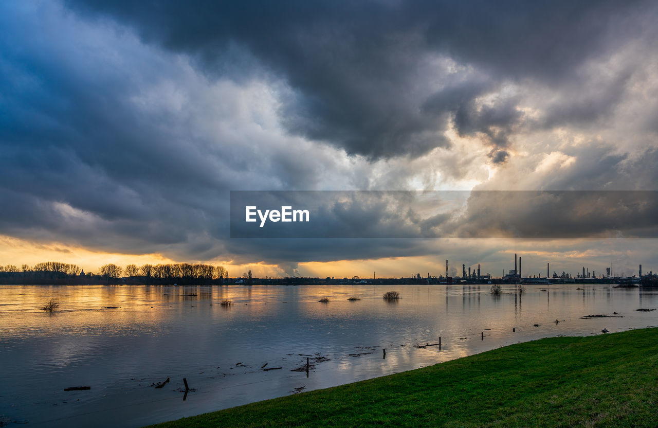 Flood on the rhine, germany. chempark dormagen in the background.