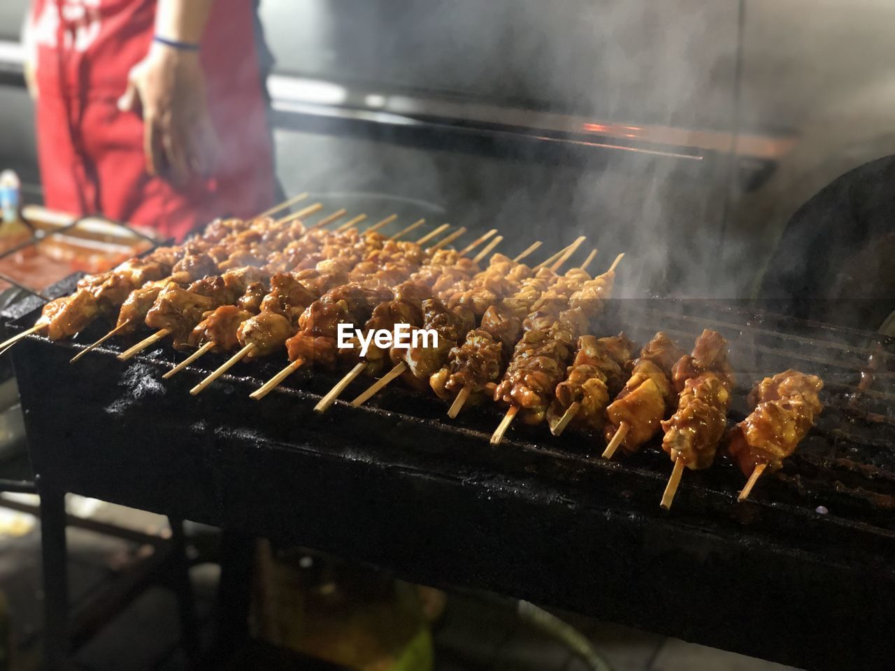 high angle view of meat on barbecue grill