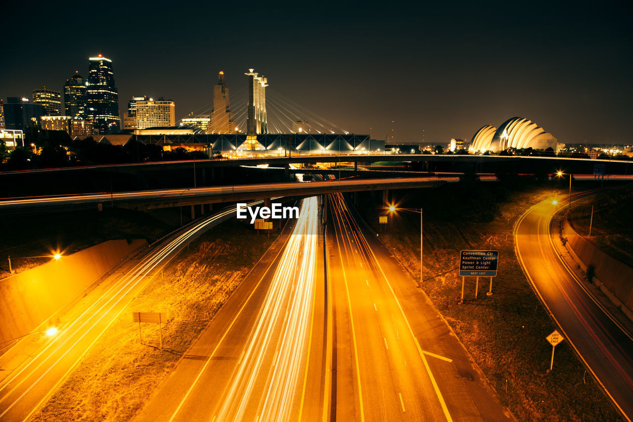 High angle view of car lights on road at night