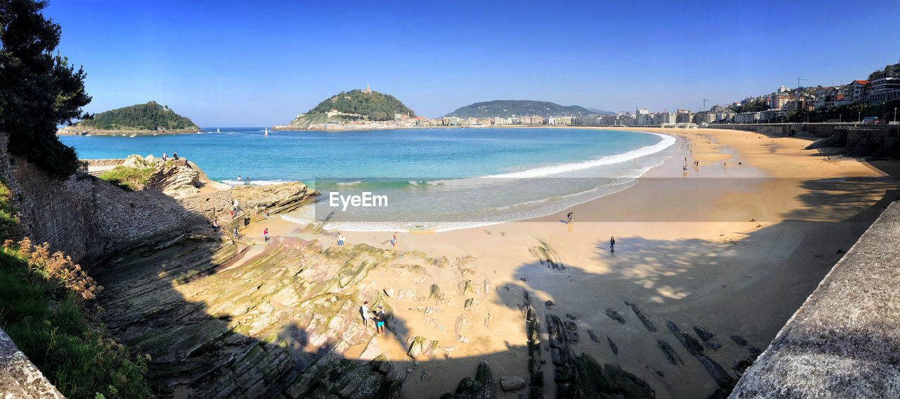 High angle view of sea shore against clear sky